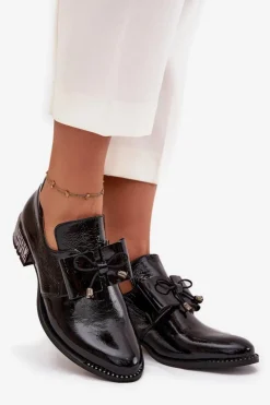 Discount Zazoo Lakierowane Półbuty Damskie Na Niskim Obcasie Z Kokardą 1399 Czarne