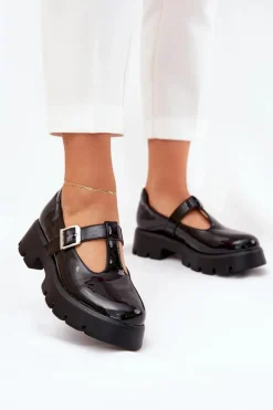 Damskie Boto Lakierowane Półbuty Damskie Z Klamrą Na Platformie I Płaskim Obcasie Czarne Venda