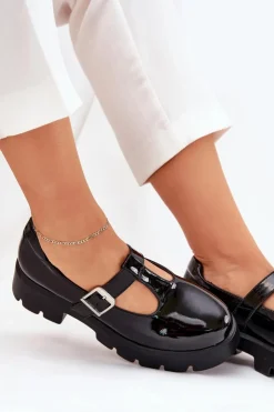 Damskie Boto Lakierowane Półbuty Damskie Z Klamrą Na Platformie I Płaskim Obcasie Czarne Venda