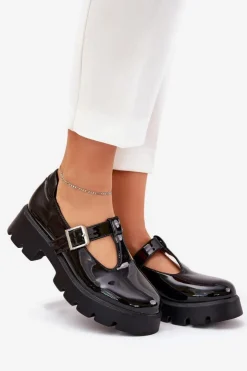 Damskie Boto Lakierowane Półbuty Damskie Z Klamrą Na Platformie I Płaskim Obcasie Czarne Venda