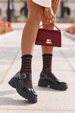 Damskie Boto Lakierowane Półbuty Damskie Z Klamrą Czarne Plikuria