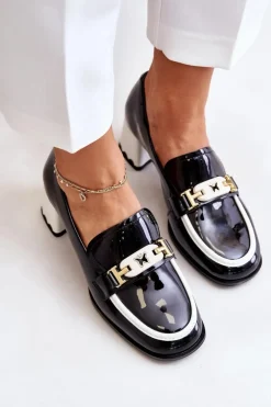 Damskie Artiker Lakierowane Półbuty Damskie Na Obcasie Z Ozdobą 55C1002 Czarne