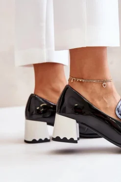 Damskie Artiker Lakierowane Półbuty Damskie Na Obcasie Z Ozdobą 55C1002 Czarne