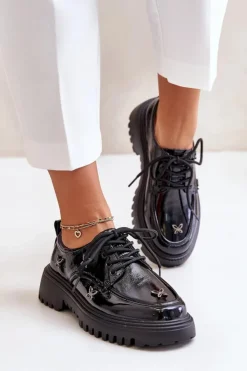 Outlet Artiker Lakierowane Półbuty Damskie Z Ozdobami Skóra Naturalna 55C1011 Czarne