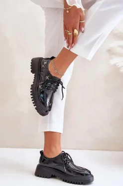 Outlet Artiker Lakierowane Półbuty Damskie Z Ozdobami Skóra Naturalna 55C1011 Czarne