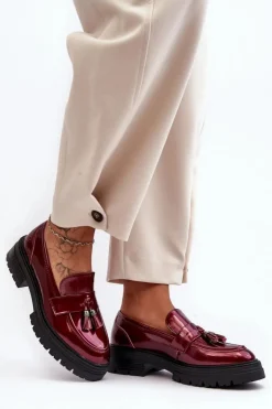 Boto Mokasyny Damskie Lakierowane*Lakierowane Półbuty Loafersy Z Frędzlami Bordowe Velenase