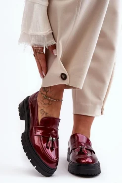 Boto Mokasyny Damskie Lakierowane*Lakierowane Półbuty Loafersy Z Frędzlami Bordowe Velenase