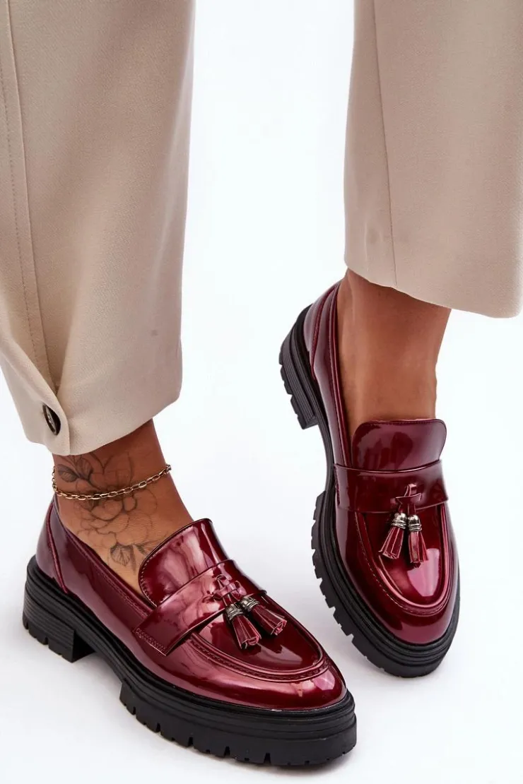 Boto Mokasyny Damskie Lakierowane*Lakierowane Półbuty Loafersy Z Frędzlami Bordowe Velenase