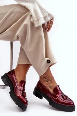 Boto Mokasyny Damskie Lakierowane*Lakierowane Półbuty Loafersy Z Frędzlami Bordowe Velenase