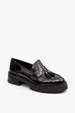 Damskie Boto Lakierowane Półbuty Loafersy Z Frędzlami Czarne Velenase