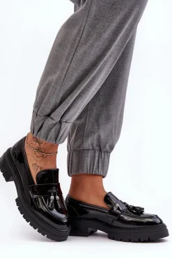 Damskie Boto Lakierowane Półbuty Loafersy Z Frędzlami Czarne Velenase