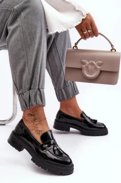 Damskie Boto Lakierowane Półbuty Loafersy Z Frędzlami Czarne Velenase