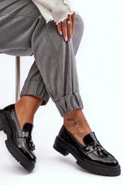 Damskie Boto Lakierowane Półbuty Loafersy Z Frędzlami Czarne Velenase