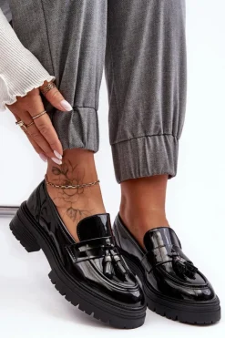 Damskie Boto Lakierowane Półbuty Loafersy Z Frędzlami Czarne Velenase