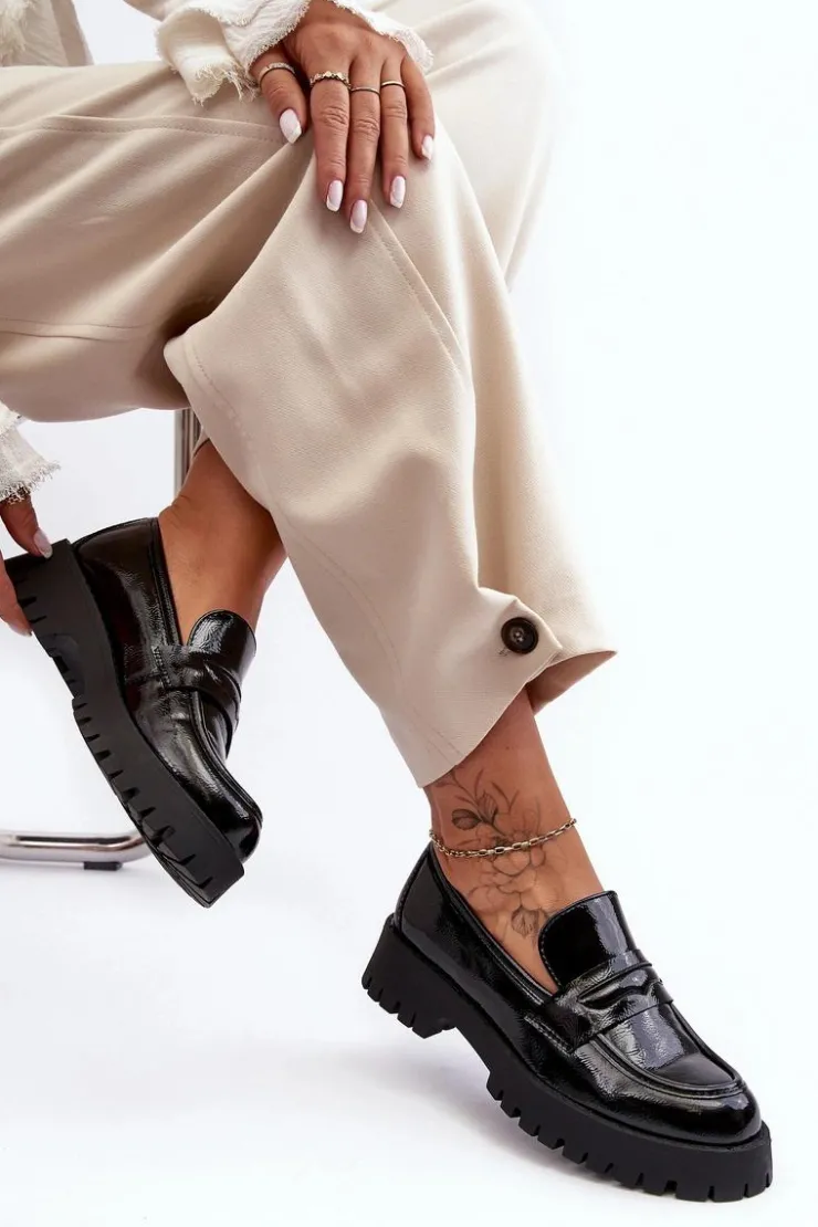 Damskie Boto Lakierowane Półbuty Loafersy Na Płaskim Obcasie Czarne Jannah