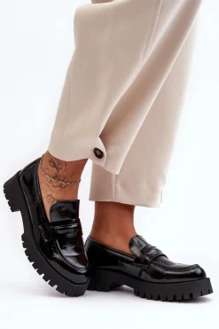 Damskie Boto Lakierowane Półbuty Loafersy Na Płaskim Obcasie Czarne Jannah