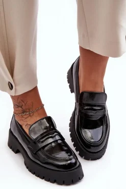 Damskie Boto Lakierowane Półbuty Loafersy Na Płaskim Obcasie Czarne Jannah