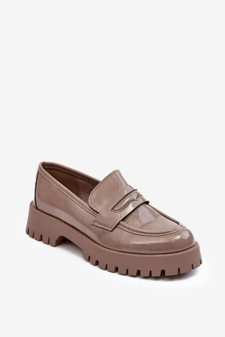 Boto Mokasyny Damskie Lakierowane*Lakierowane Półbuty Loafersy Na Płaskim Obcasie Beżowe Jannah