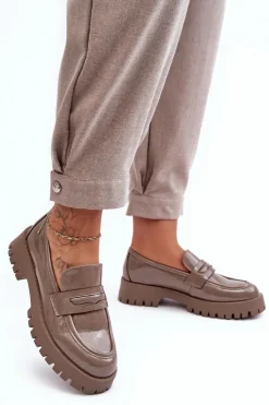 Boto Mokasyny Damskie Lakierowane*Lakierowane Półbuty Loafersy Na Płaskim Obcasie Beżowe Jannah