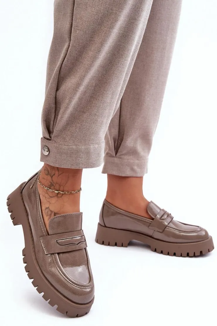 Boto Mokasyny Damskie Lakierowane*Lakierowane Półbuty Loafersy Na Płaskim Obcasie Beżowe Jannah