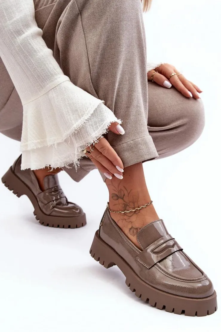 Boto Mokasyny Damskie Lakierowane*Lakierowane Półbuty Loafersy Na Płaskim Obcasie Beżowe Jannah