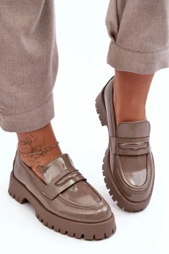 Boto Mokasyny Damskie Lakierowane*Lakierowane Półbuty Loafersy Na Płaskim Obcasie Beżowe Jannah