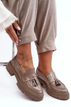 Online Boto Lakierowane Półbuty Loafersy Z Frędzlami Ciemnobeżowe Velenase