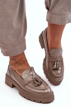 Online Boto Lakierowane Półbuty Loafersy Z Frędzlami Ciemnobeżowe Velenase