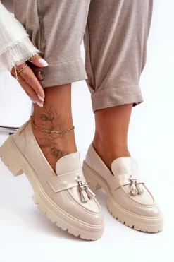 Boto Mokasyny Damskie Lakierowane*Lakierowane Półbuty Loafersy Z Frędzlami Jasnobeżowe Velenase