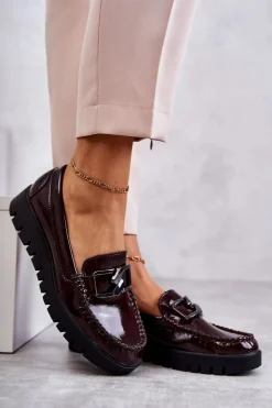 Damskie Buty Sergio Leone Lakierowane Półbuty Loafery Na Platformie Bordowe Kjersti