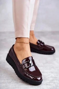 Damskie Buty Sergio Leone Lakierowane Półbuty Loafery Na Platformie Bordowe Kjersti
