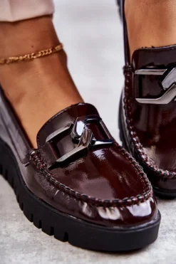 Damskie Buty Sergio Leone Lakierowane Półbuty Loafery Na Platformie Bordowe Kjersti