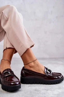 Damskie Buty Sergio Leone Lakierowane Półbuty Loafery Na Platformie Bordowe Kjersti