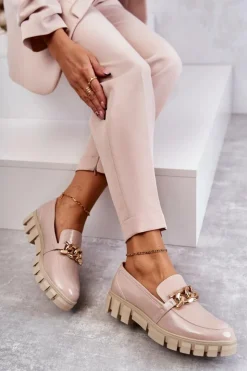 Buty Sergio Leone Lakierowane Półbuty Loafery Na Platformie Beżowe Inger