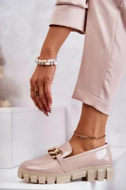 Buty Sergio Leone Lakierowane Półbuty Loafery Na Platformie Beżowe Inger