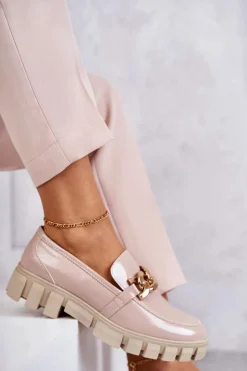 Buty Sergio Leone Lakierowane Półbuty Loafery Na Platformie Beżowe Inger