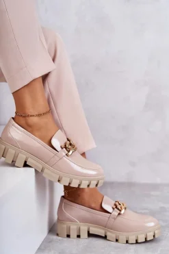 Buty Sergio Leone Lakierowane Półbuty Loafery Na Platformie Beżowe Inger