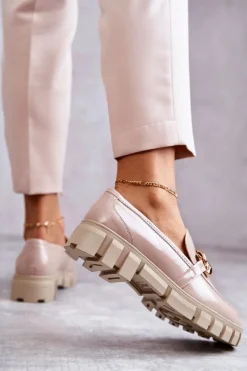 Buty Sergio Leone Lakierowane Półbuty Loafery Na Platformie Beżowe Inger