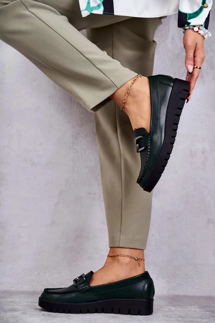 Buty Sergio Leone Półbuty Lakierowane|Mokasyny Damskie Lakierowane*Lakierowane Półbuty Loafery Na Platformie Zielone Kjersti