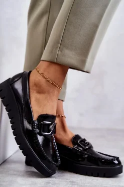 Sale Buty Sergio Leone Lakierowane Półbuty Loafery Na Platformie Czarne Kjersti