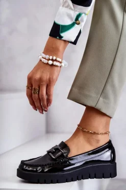 Sale Buty Sergio Leone Lakierowane Półbuty Loafery Na Platformie Czarne Kjersti