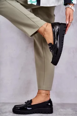 Sale Buty Sergio Leone Lakierowane Półbuty Loafery Na Platformie Czarne Kjersti