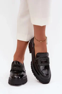 Damskie Boto Lakierowane Półbuty Mokasyny Damskie Z Ozdobną Klamrą Czarne Luvianne