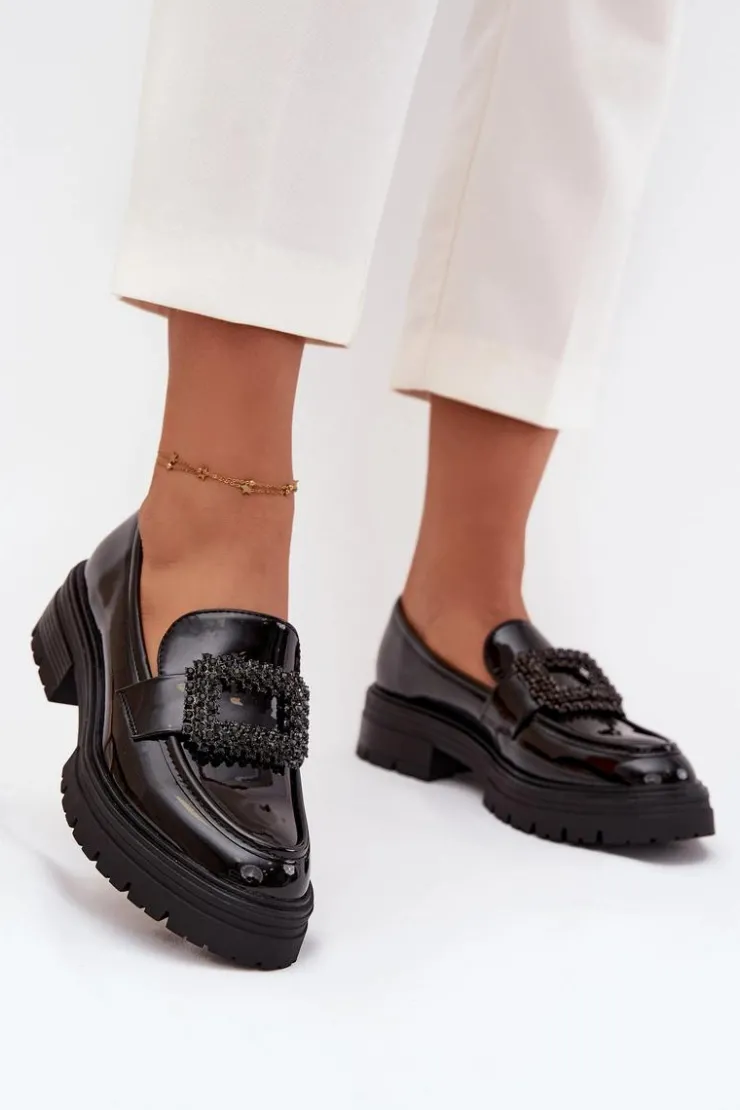 Damskie Boto Lakierowane Półbuty Mokasyny Damskie Z Ozdobną Klamrą Czarne Luvianne