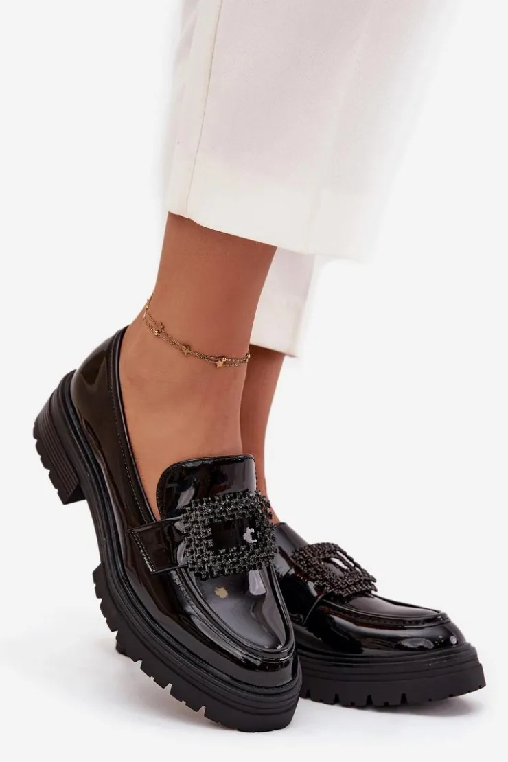 Damskie Boto Lakierowane Półbuty Mokasyny Damskie Z Ozdobną Klamrą Czarne Luvianne