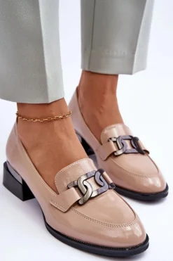 Hot Buty damskie Vinceza Lakierowane Półbuty Mokasyny Na Obcasie Beżowe Sakina