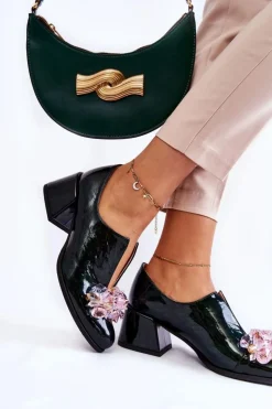 Damskie Boto Lakierowane Półbuty Mozaika Z Transparentną Ozdobą Zielone Delaver