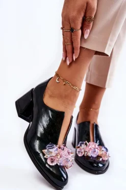 Damskie Boto Lakierowane Półbuty Mozaika Z Transparentną Ozdobą Zielone Delaver