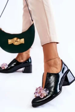 Damskie Boto Lakierowane Półbuty Mozaika Z Transparentną Ozdobą Zielone Delaver