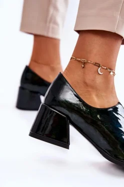 Damskie Boto Lakierowane Półbuty Mozaika Z Transparentną Ozdobą Zielone Delaver